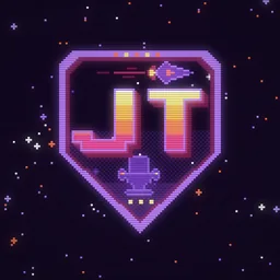 JT badge: pixel-art JT shield with a small spaceship, the @jamztiberius profile picture