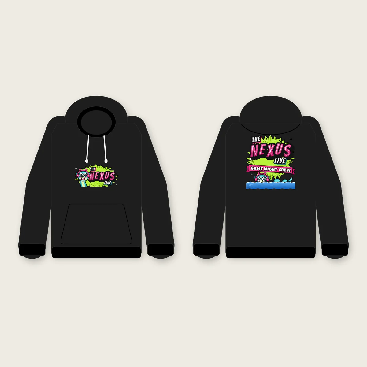 Game Night Crew Hoodie mockup featuring Nexie, the teal Loch Ness mascot of The Nexus Live