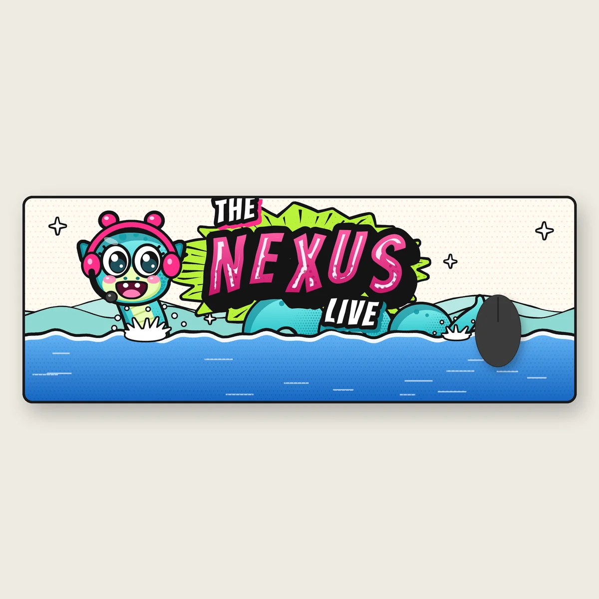 Loch Desk Mat mockup featuring Nexie, the teal Loch Ness mascot of The Nexus Live