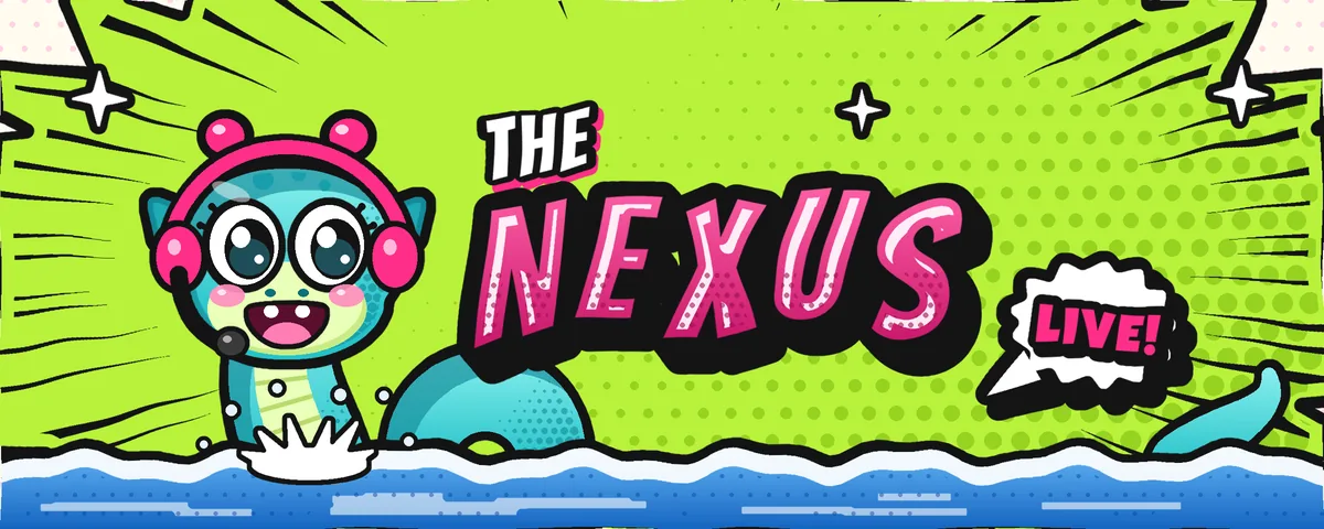 The Nexus Live banner: Nexie the Loch Ness monster in headphones popping out of the water next to the show's comic-style logo