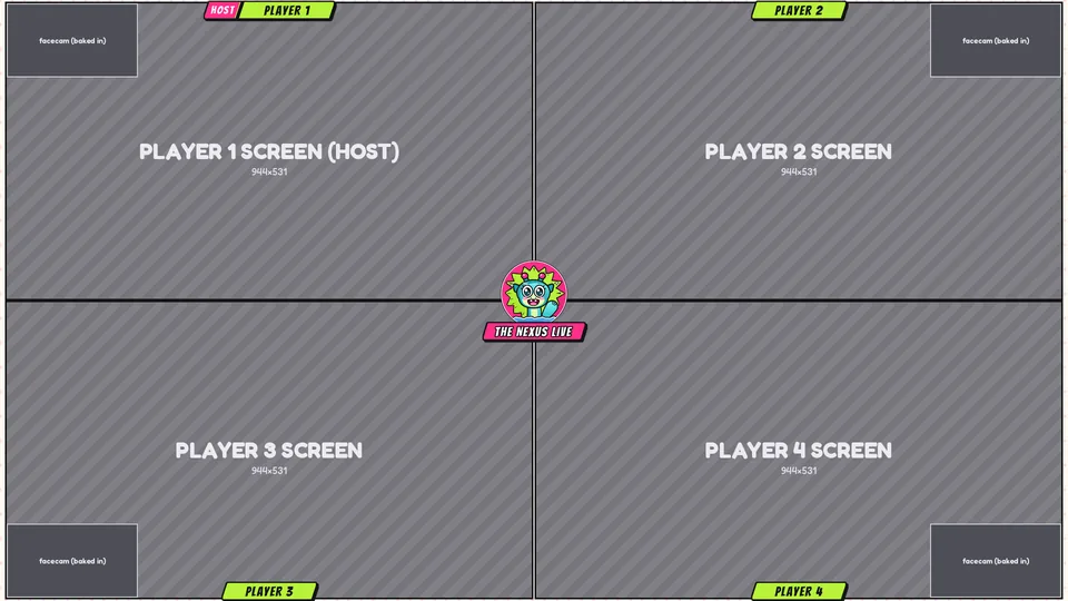 Four-player layout preview: four equal grey screen boxes in a grid, with a small Nexie badge in the center